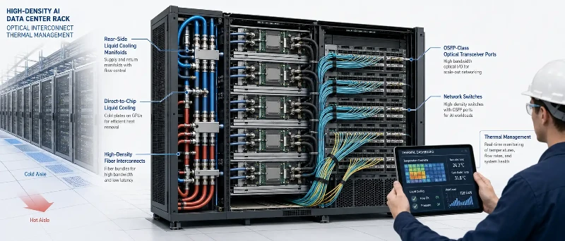 High-density AI data center rack with liquid cooling and optical interconnects High-density AI data center rack with liquid cooling and optical interconnects